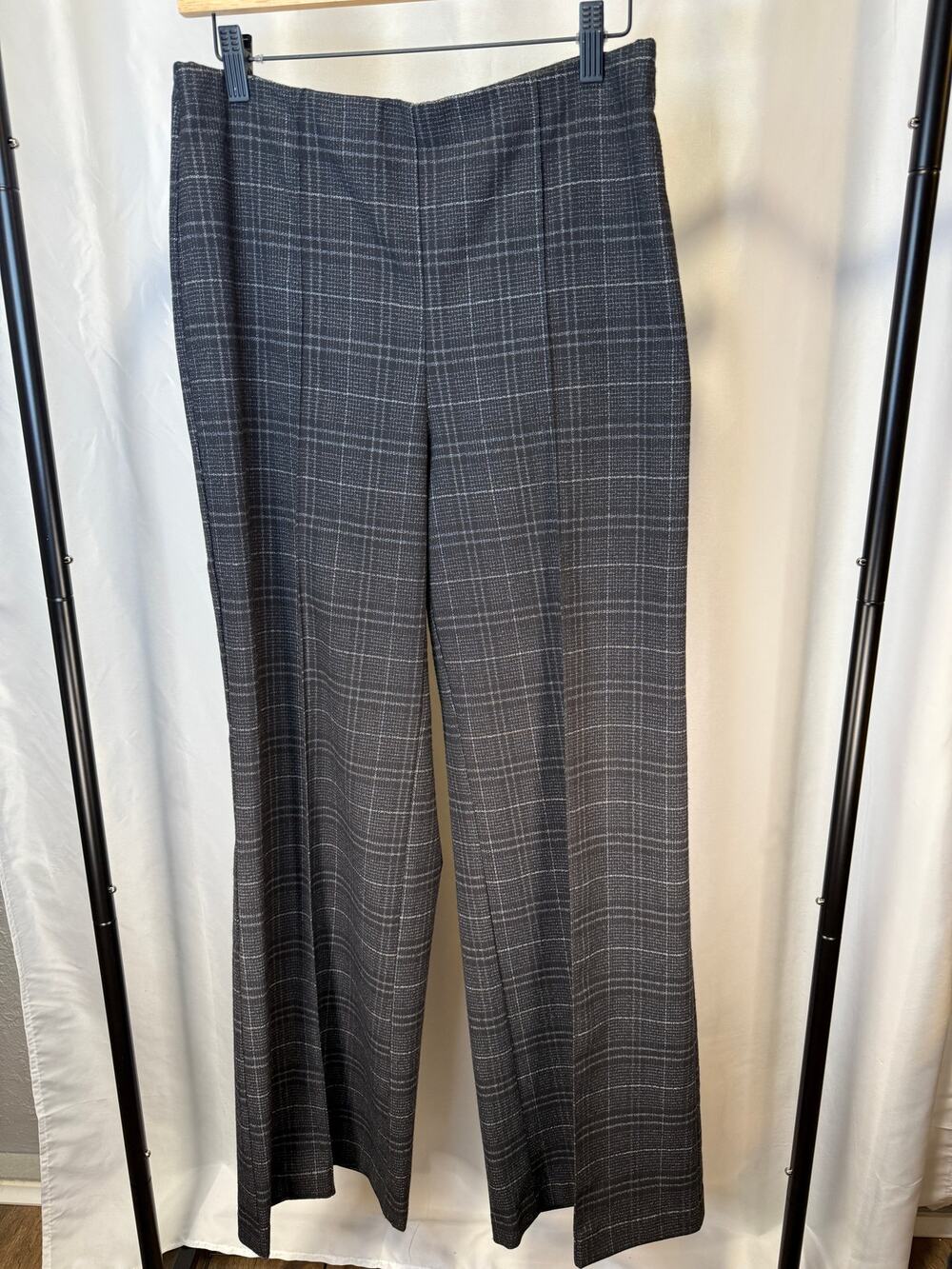 Vince Camuto Women’s M Plaid Wide Leg Dress Pants Black Gray Stretch Trousers